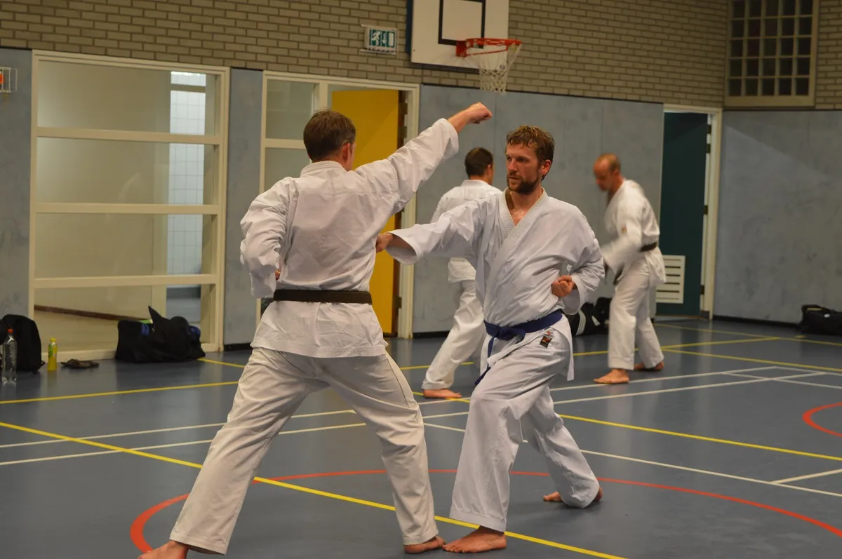 Twee karateka's oefenen een stoottechniek tijdens partnertraining in de sportzaal