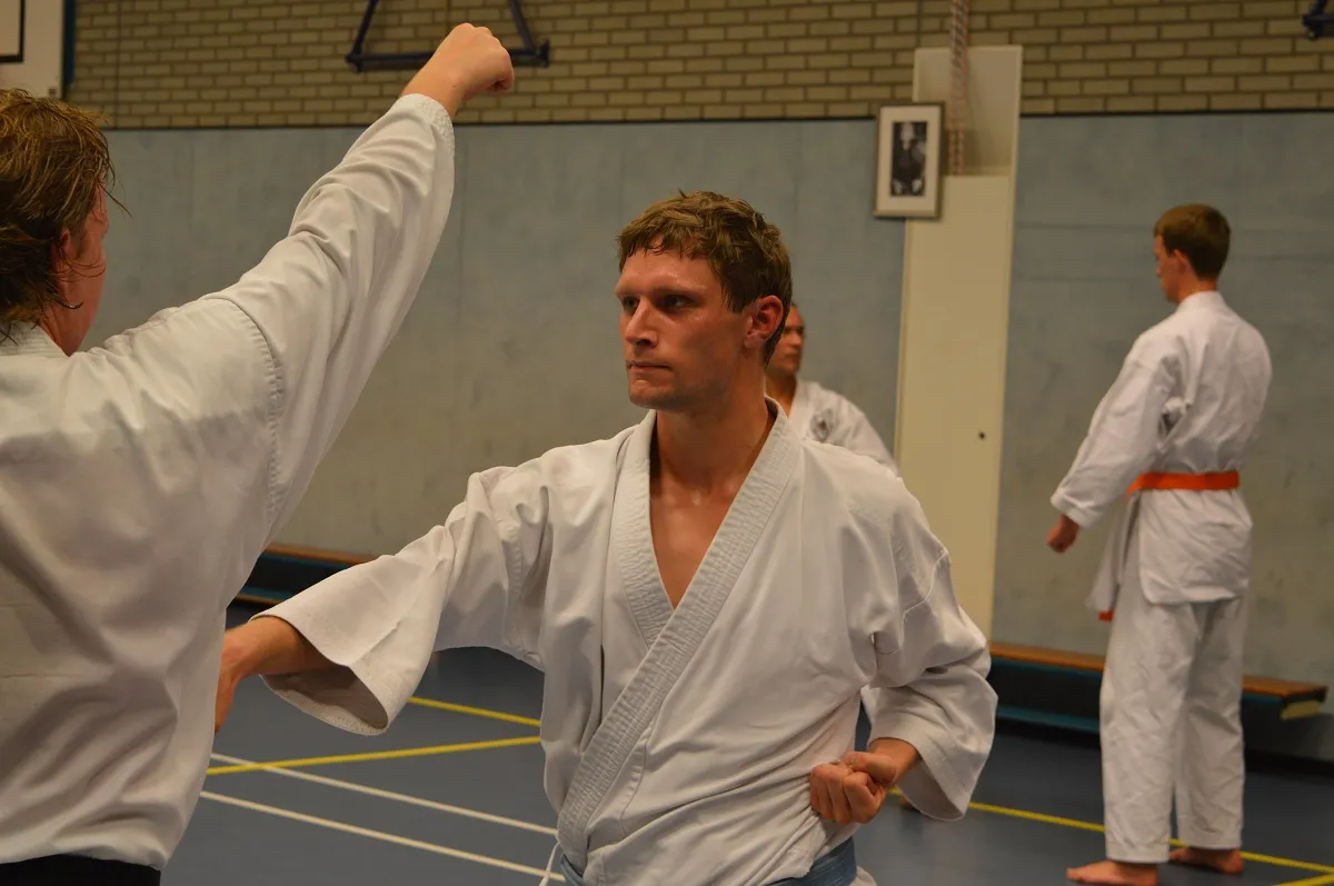 Karateka blokkeert een stoot tijdens een partneroefening