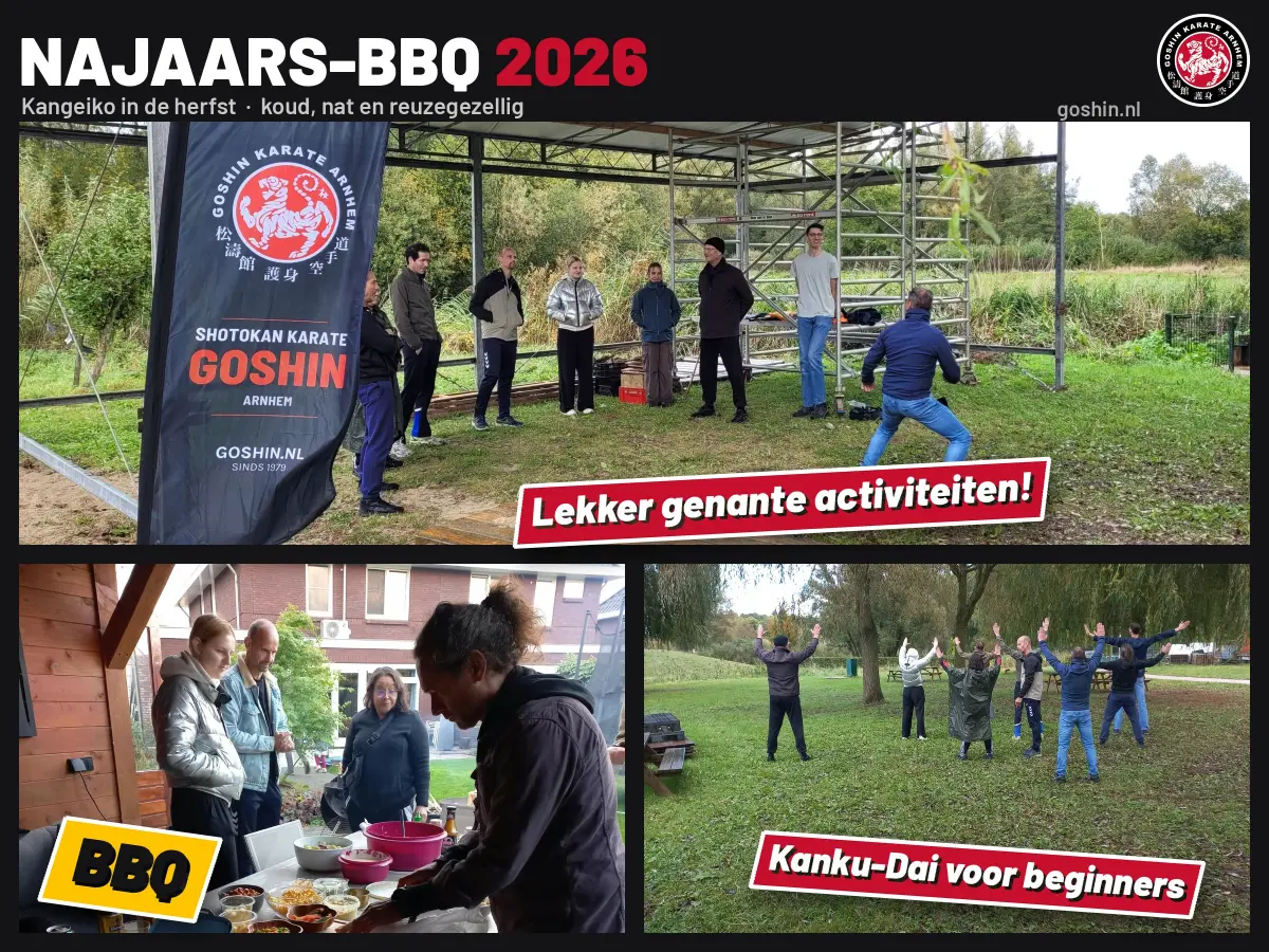 Collage van de najaars-BBQ 2026: buitenactiviteit, barbecue en Kanku-Dai voor beginners in het park